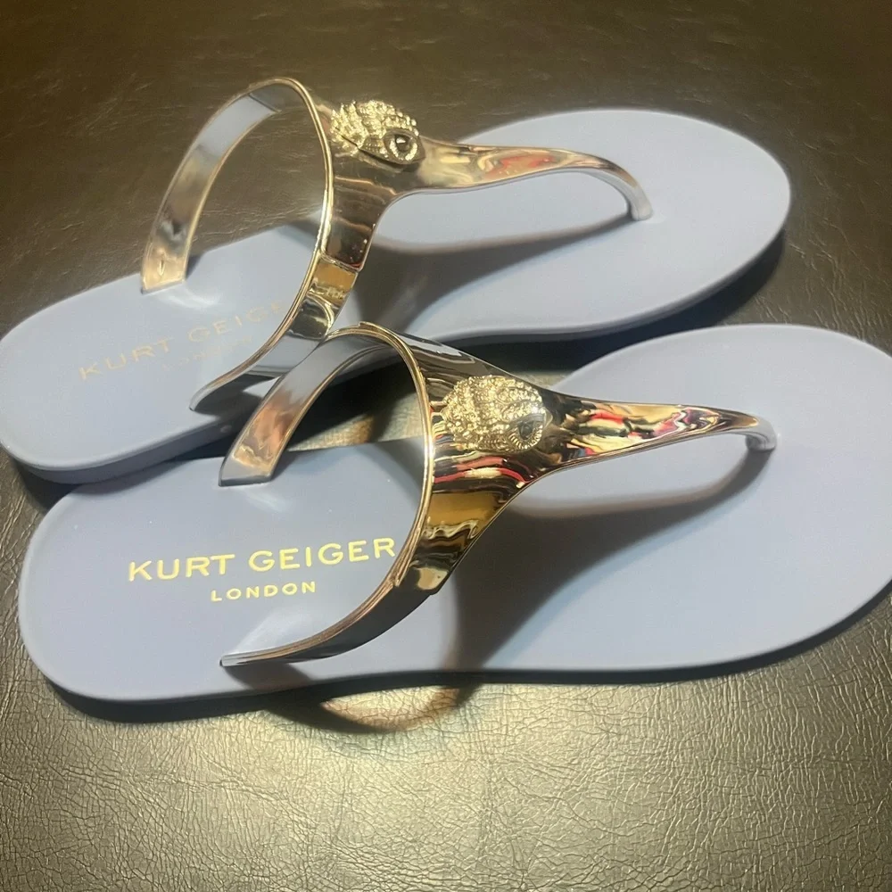 Kurt Geiger London Maddison T-Bar Metallic Silver and Blue Sandals Size 6 NEW - Picture 9 of 14